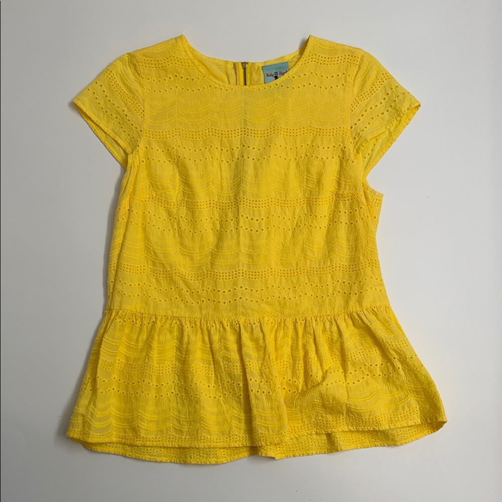 Haley and the Hound Yellow Eyelet‎ Peplum Top Size M Cotton Textured Blouse